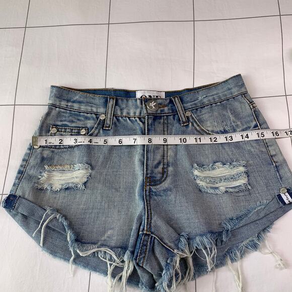 One Teaspoon Shorts Womens 25 Blue Bandits High Rise Distressed Raw Hem Ripped - Picture 7 of 10